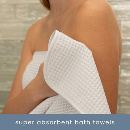 S&T INC. Aura Waffle Bath Towel Set, 6 Pieces, White | 2 Bath Towels, 2 Hand Towels, 2 Wash Cloths, Absorbent Microfiber, Quick-Dry and Lightweight, 420GSM - color: White