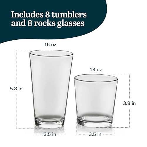 Libbey Flare Rocks, Glass Tumbler Set, Stylish Lead-Free Drinking Glasses Set of 16, Dishwasher-Safe Glass Cups Set for Daily Use and Parties - color: 04 - Flare