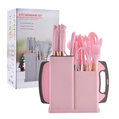 19 Pieces Kitchen Utensils and Knife Set with Block, Inldued 9 Pieces Silicone Cooking Utensils Set 5 Pieces Sharp Stainless Steel Chef Knives Scissors Whisk Tongs and Cutting Board (PINK) - color: Pink