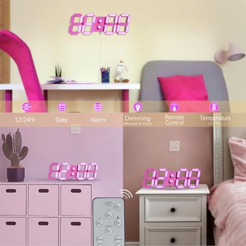 Pink LED Clock 3D Wall Clock 9.7" Table Clock for Living Room Modern Digital Clock for Bedroom Aesthetic Bedside Desk Clock with Remote/Dimming/12/24H/Temp/Alarm Clock/Date - color: 9.7in Pink Clock-pink Light
