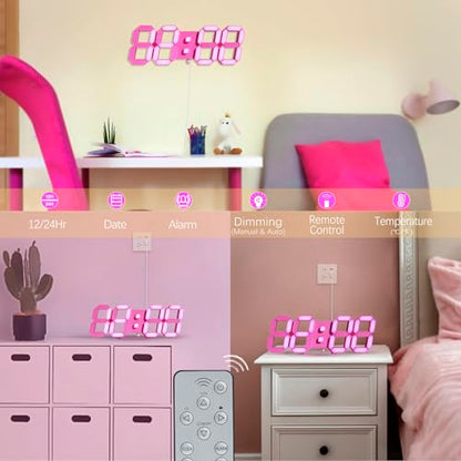 Pink LED Clock 3D Wall Clock 9.7" Table Clock for Living Room Modern Digital Clock for Bedroom Aesthetic Bedside Desk Clock with Remote/Dimming/12/24H/Temp/Alarm Clock/Date - color: 9.7in Pink Clock-pink Light