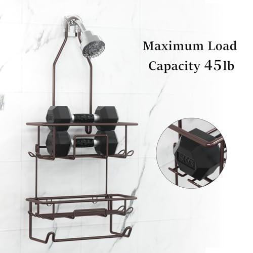 Shower Caddy Hanging over Shower Head Rust Roof Shower Organizer with 10 Hooks for Razor Shampoo Holder Bathroom Shower Rack Storage Shelf with Towel Bar – Bronze