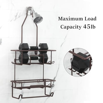 Shower Caddy Hanging over Shower Head Rust Roof Shower Organizer with 10 Hooks for Razor Shampoo Holder Bathroom Shower Rack Storage Shelf with Towel Bar – Bronze