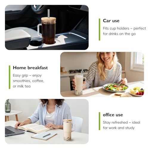 JunVpic Glass Tumbler, 24 oz Ice Coffee Cups with Bamboo Lid and Handle | Stainless steel straws and cleaning brushes, Ribbed design for iced coffee, smoothies, tea and daily drinks - color: Clear-Ribbed, size: 24oz