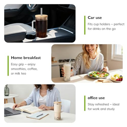 JunVpic Glass Tumbler, 24 oz Ice Coffee Cups with Bamboo Lid and Handle | Stainless steel straws and cleaning brushes, Ribbed design for iced coffee, smoothies, tea and daily drinks - color: Clear-Ribbed, size: 24oz