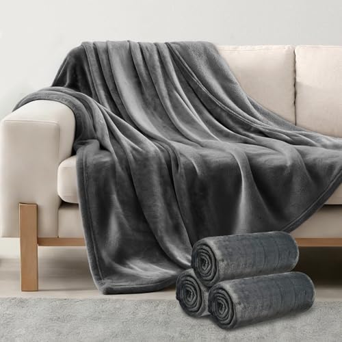 3-Pack Fleece Throw Blankets 50x60, 300GSM Soft Flannel Plush Blanket, Lightweight Warm Couch Sofa Bed Blankets, No Shedding All Season (Dark Gray) - color: Dark Gray