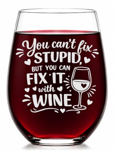 C M You Can't Fix Stupid Stemless Wine Glass, 17 oz, Style S1 | Funny Gift for Women and Men, Dishwasher Safe, Etched Design