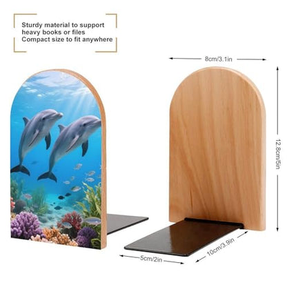 Dolphin Book Ends for Shelves - 2 Pack Handmade Wooden Bookends with Metal Base, Sturdy Book Holder for Heavy Books Modern Decorative Book Stopper for Home Office