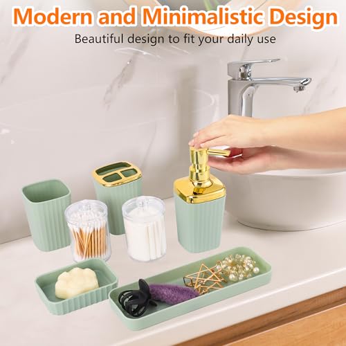 9 PCS Green Bathroom Accessories Set with Trash Can Bathroom Accessory | All-in-One Kit with Trash Can,Toothbrush Holder,Soap Dispenser,Toothbrush Cup,Vanity Tray,Soap Dish,Toilet Brush etc for Home - color: Lightgreen