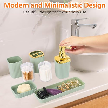 9 PCS Green Bathroom Accessories Set with Trash Can Bathroom Accessory | All-in-One Kit with Trash Can,Toothbrush Holder,Soap Dispenser,Toothbrush Cup,Vanity Tray,Soap Dish,Toilet Brush etc for Home - color: Lightgreen
