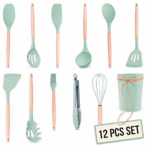 12Pcs Mint Green Kitchen Accessories with Holder for Nonstick Pans | Silicone Cooking Utensils Set for BBQ; Heat-Resistant Tools with Wooden Handles for Baking, Serving, Frying, and Mixing - color: Light Green