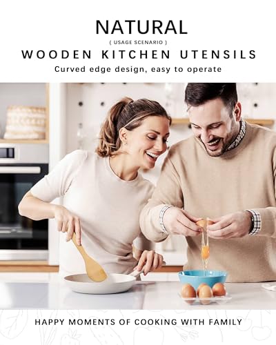 Wooden Spoons for Cooking, 3PCS Wooden Utensil Set Includes Slotted Spoon, Wooden Spoon & Wooden Spatula, Bamboo Cooking Utensils for Non-Stick Pans, Natural Bamboo Utensils | Slotted spoon, solid spoon and spatula handle stirring, draining, flipping and