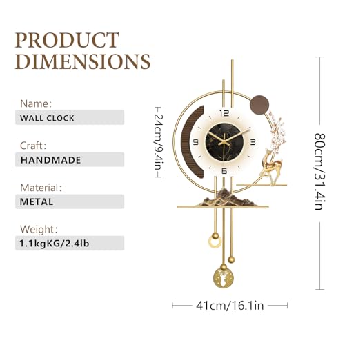 Modern Wall Clock for Living Room,Large Gold Decorative Wall Clock with light,Creative Silent Clock Battery Operated for Kitchen/Entryway/Bedroom/Office/Dinning Room Metal Wall Decor (15.7"Wx31.5L) - size: 31.5"Lx15.7"W