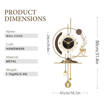 Modern Wall Clock for Living Room,Large Gold Decorative Wall Clock with light,Creative Silent Clock Battery Operated for Kitchen/Entryway/Bedroom/Office/Dinning Room Metal Wall Decor (15.7"Wx31.5L) - size: 31.5"Lx15.7"W