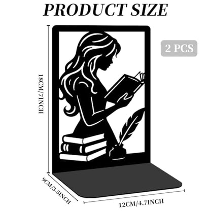 2 Pcs Metal Bookends, Unique Decorative Bookends with Reading Theme Cute Black Book Stopper for Multiple Home Styles Reading Room - style: Reading Girl