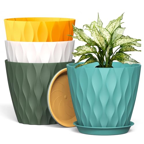 UOUZ 8 Inch Plant Pots, 4 Pack Plastic Planters for Indoor Outdoor with Drainage Holes & Saucers, Waffle Texture Flower Pots for Indoor Plants, Indoor Plant Pots for Monstera, Fiddle Leaf Fig Colorful - color: Colorful, size: 4 pack