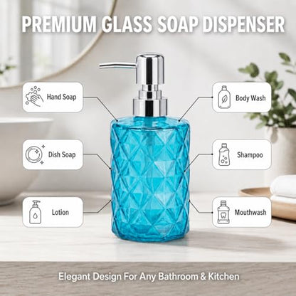 LGURT Prism Clear Blue Glass Soap Dispenser, Stainless Steel Pump | 12 oz, kitchen bathroom countertops, non-drip pump, modern gift-ready decor - color: Clear Blue