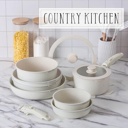 Country Kitchen Cookware Set with Removable Handle, Oven & RV Safe Pots and Pans Set, Cream, Deluxe Larger Set - color: Cream, size: Larger
