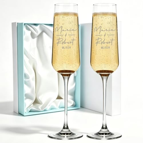 Personalized Wedding Champagne Flutes Set of 2, Mr & Mrs Toasting Glass | Engraved Name & Date Glass for Bride & Groom, Custom Gifts for Couples, Newlyweds, Engagement, Wedding Favors & Bridal Shower - color: Champagne Flutes, size: Classic