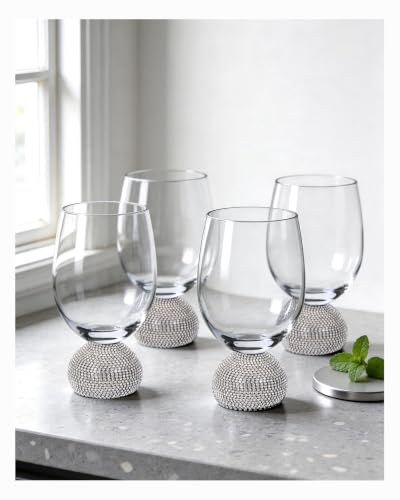 Stemless Fancy Wine Glasses Set of 4,Luxury Crystal Wine Glasses Hand Blown | 15 oz With Rhinestones Unbreakable,Perfect for Red or White Unique Wine Gifts for Women,Party,Birthday - color: Silver Red wine glass