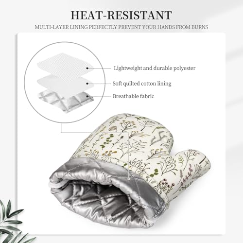 Colorful Wildplants Oven Mitts and Pot Holders Sets Silicone Wildflowers Kitchen Oven Mitts Hot Pads Heat Resistant Beige Potholders Kitchen Mitts Set for Baking BBQ Cooking - color: Beige Yellow