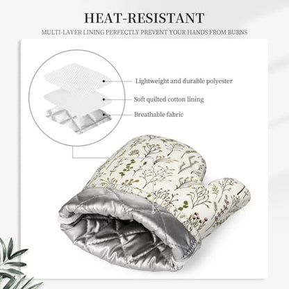 Colorful Wildplants Oven Mitts and Pot Holders Sets Silicone Wildflowers Kitchen Oven Mitts Hot Pads Heat Resistant Beige Potholders Kitchen Mitts Set for Baking BBQ Cooking - color: Beige Yellow