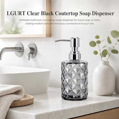 LGURT 12oz Black Glass Soap Dispenser, Stainless Steel Non-Drip Pump | Diamond-cut prism finish like crystal. Semi-transparent black glass. For kitchen, bathroom, powder room countertops. - color: Clear Black