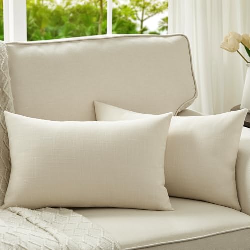 Anickal Set of 2 Lumbar Light Beige Pillow Covers 12x20 Inch Rustic Linen Oblong Decorative Throw Pillow Covers for Sofa Couch Farmhouse Home Decorations - color: Light Beige, size: 20" x 12" (Pack of 2)