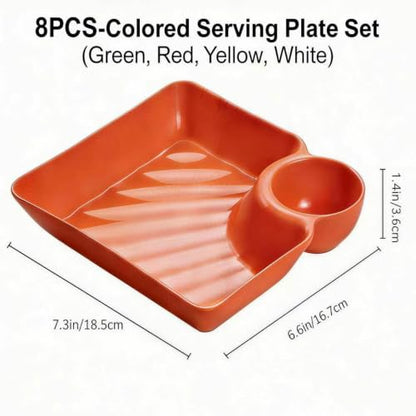 8 Pack Chip and Dip Plates with Sauce Compartment, 4 Colors | 8 reusable divided plates with built-in dip cups for dumplings, fries, sushi, snacks and appetizers.