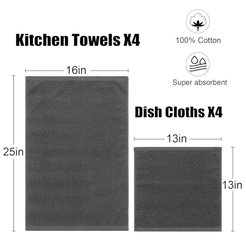 100% Cotton Kitchen Towels and Dishcloths Set, Pack of 8 Super Absorbent 16" x 25" Kitchen Towels and 13" x 13" Dish Cloths (400 GSM) - color: White Grey Black Set, style: 8-Piece Set