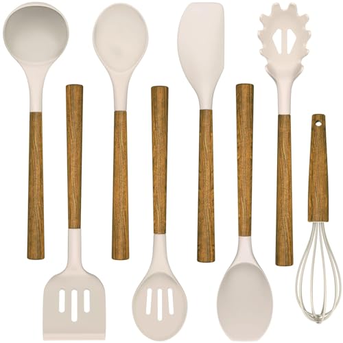 Silicone Cooking Utensil Set,Umite Chef 8-Piece Kitchen Utensils Set with Natural Acacia Wooden Handles, Silicone Kitchen Gadgets and Spatula Set for Nonstick Cookware - Khaki - color: Khaki