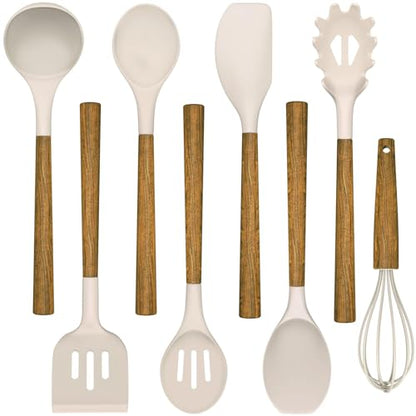 Silicone Cooking Utensil Set,Umite Chef 8-Piece Kitchen Utensils Set with Natural Acacia Wooden Handles, Silicone Kitchen Gadgets and Spatula Set for Nonstick Cookware - Khaki - color: Khaki