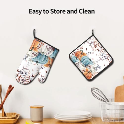 Giwawa Fall Orange Pumpkin Oven Mitt Potholders Sets Eucalyptus Leaves Heat Resistant Oven Glove Set of 2 Kitchen Hot Pads for Cooking Baking BBQ - color: Fall Orange Pumpkin