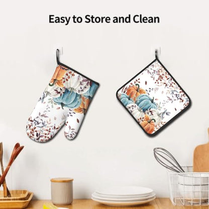 Giwawa Fall Orange Pumpkin Oven Mitt Potholders Sets Eucalyptus Leaves Heat Resistant Oven Glove Set of 2 Kitchen Hot Pads for Cooking Baking BBQ - color: Fall Orange Pumpkin
