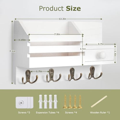 Key Holder Wall Mount, Wooden Key and Mail Organizer, White | 2 Mount Options, Includes 8 Hooks, Fence Mail Slot, Small Drawer and Shelf, for Entryway, Hallway, Doorway, Living Room, RV - color: White
