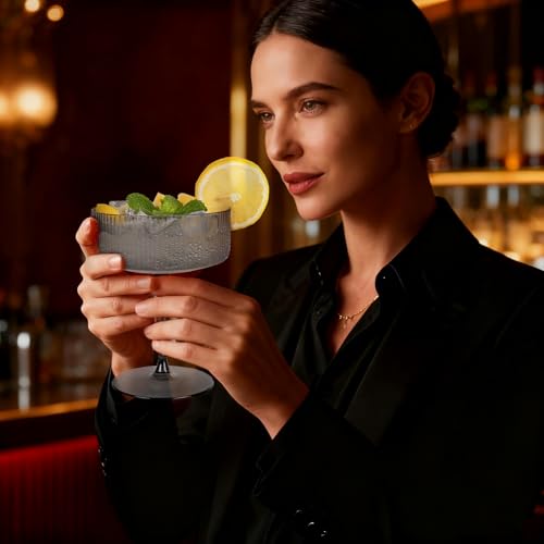 Ciaell 12 Pack Black Plastic Martini Glasses for Bars Parties | 10 oz Black Ribbed Coupe Cups, Heavy Duty Plastic, Cocktails Whiskey Margaritas Wine for Weddings - color: Black
