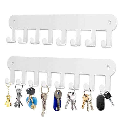 2 Pack Key Holder Wall Mount, Wall Mount Key Holder | Key Hooks Hanging Keys, Key Hanger with 8 Hooks, No-Drill Decorative White Key Rack for Living Room, Kitchen, or Bathroom - color: White