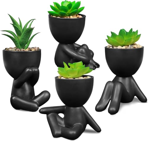 Pack of 4 Cute Artificial Succulent Plants in Human Shaped Pots, Funny Desk Decor for Office Women Men, Aesthetic Room Decor, Small Fake Plants for Shelf Bathroom Home Office Gifts (Black) - color: Black