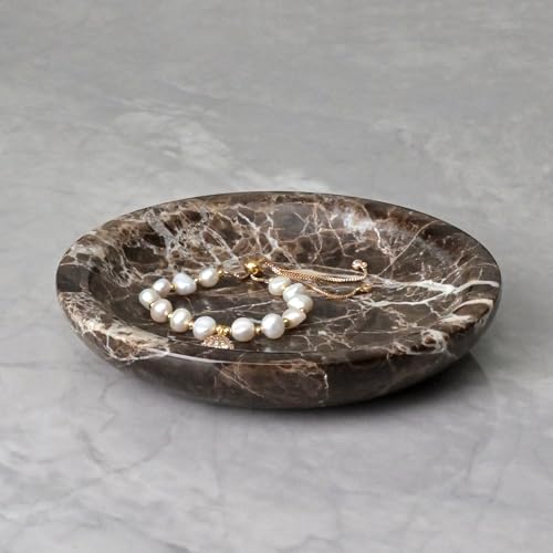 ZSHAWN Natural Marble Ring Dish Jewelry Tray – 5.5" Trinket Dish for Rings Earrings Necklace, Scratch-Resistant Vanity Organizer, Elegant Gift for Women (Emperador Dark) - color: Emperador Dark
