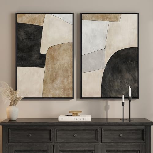 Framed Beige Black Abstract Wall Art for Living Room, Set of 2 Minimalist Geometric Neutral Artwork for Walls, Large Contemporary Painting Print for Bedroom Hallway Home Office Wall Decor, 24x36 Inch - color: Contemporary Abstract