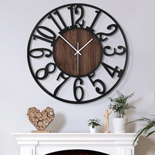 Large Wall Clock for Living Room Decor, 14 Inch Non Ticking Silent, Battery Operated Modern Vintage Oversized Wall Clock for Bedroom Kitchen - color: Dark Brown - Arabic Numbers, size: 14inch