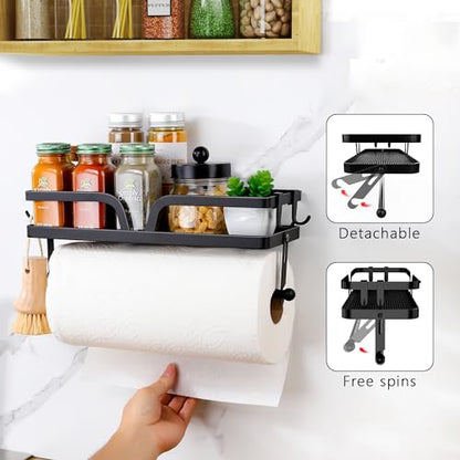 Taozun Paper Towel Holder with Shelf, Kitchen Paper Holder Spice Rack Black Paper Towel Roll Holder RV Paper Towel Rack with 4 Hooks(2 Installation Methods - Self-Adhesive and Drilling) - style: SP004 Black