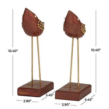 Deco 79 Wood Bird Sculpture, Set of 2 3" W, 10" H, Brown