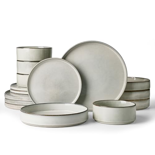 Famiware Annecy 16-Piece Stoneware Plates and Bowls, Grey White | Reactive Glaze Dinnerware Set with Pasta Bowls, Service for 4 - Chip & Scratch Resistant, Microwave & Dishwasher Safe - color: Gray/White, size: Service for 4 (Include Pasta Bowls)