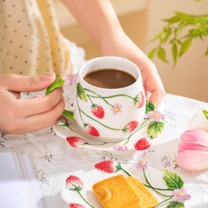 Noviko Strawberry Tea Cup with Saucer Ceramic Strawberry Coffee Mug (1, A)