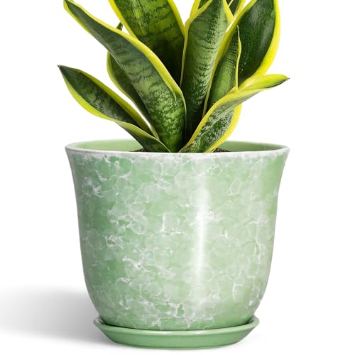 Ceramic Planter - 8 Inch Plant Pot for Indoor Outdoor, Round Flower Pots with Drainage Hole and Saucer, Modern Decorative Planters, Home Office Desk Decor, Gifts for Plant Lovers, Green - color: Gemstone Apple Green, size: 8 Inch