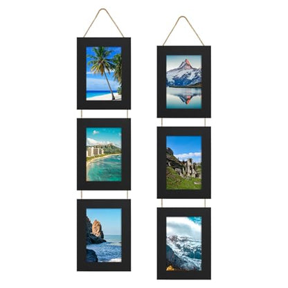 4x6 Collage Picture Frames Set of 2, Rustic Wooden Real Glass Vertical Hanging 3 Opening 4 by 6 Photo Frame, Black - color: Black, size: Vertical-4x6 in