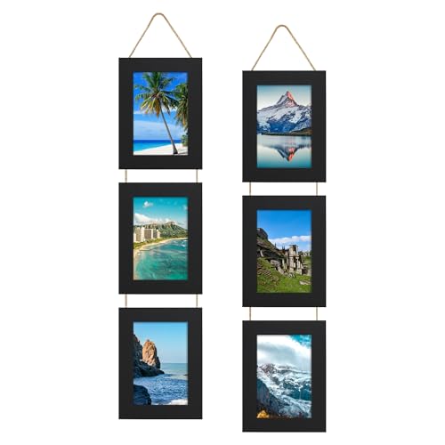 4x6 Collage Picture Frames Set of 2, Rustic Wooden Real Glass Vertical Hanging 3 Opening 4 by 6 Photo Frame, Black - color: Black, size: Vertical-4x6 in