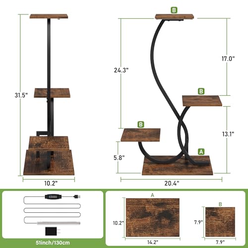 BACEKOLL Plant Stand with Grow Lights 4 Tier Metal Indoor Plant Shelf 32" | S-Shaped Corner Plant Stands Indoor, Grow Light Dimmable Timer, 17" Spacing, Anti-tip Straps, Easy Setup, Black Plant Shelves