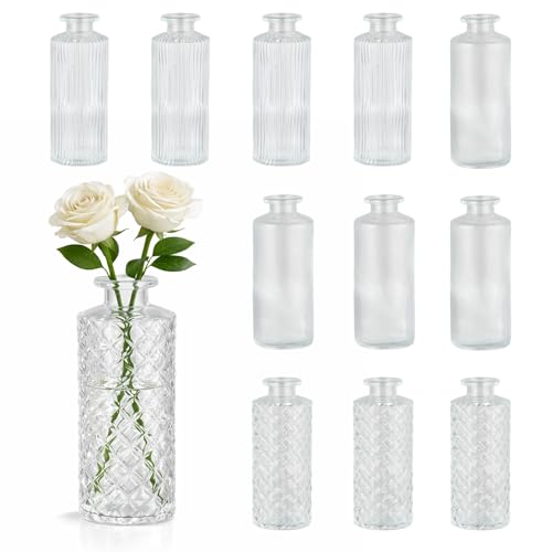 12 Pack Bud Vases in Bulk,BEAHOT Mini Glass Vintage Vases for Centerpieces, Mother's Day, Baby Shower, Small Flower Vases for Wedding Decor,Party & Home Decaration